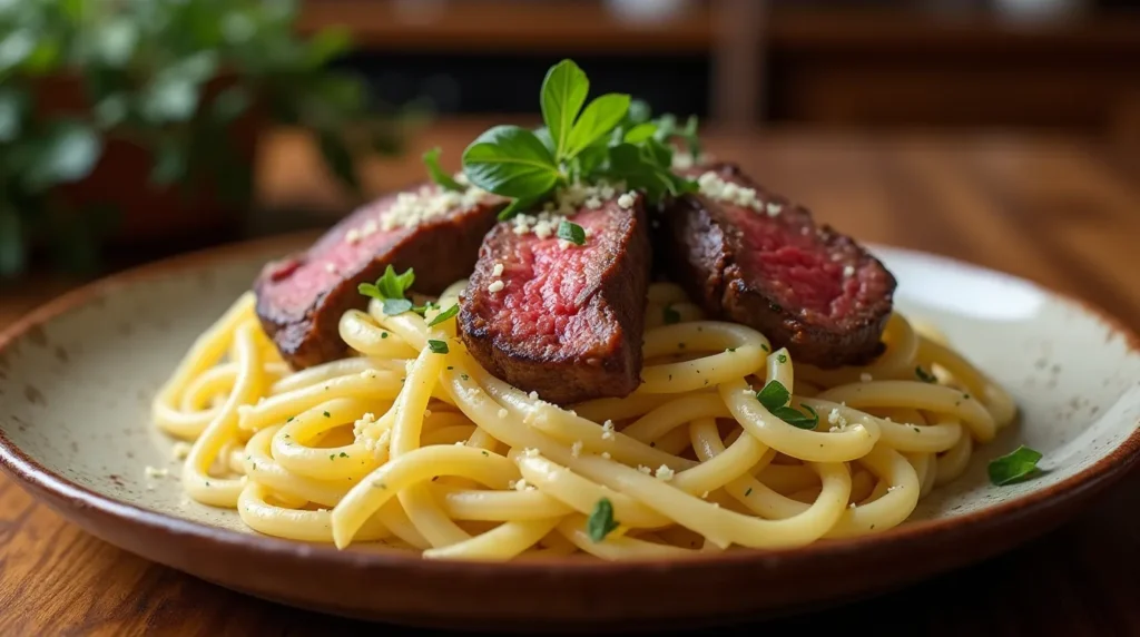 pasta and steak strips