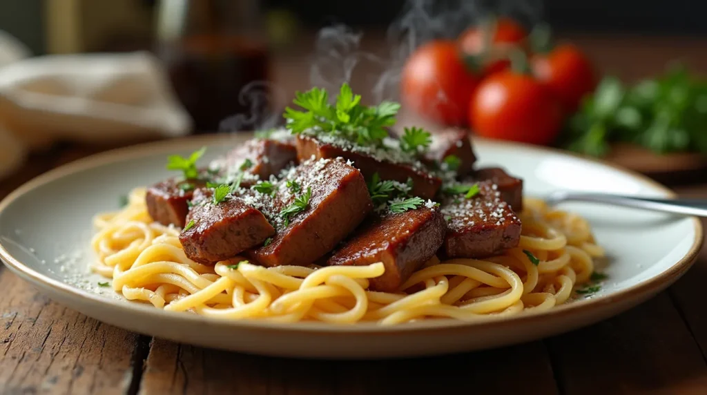 beef strips with pasta