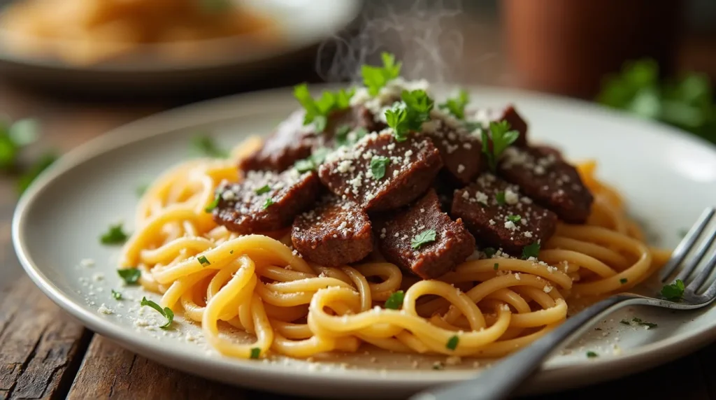 beef strips with pasta