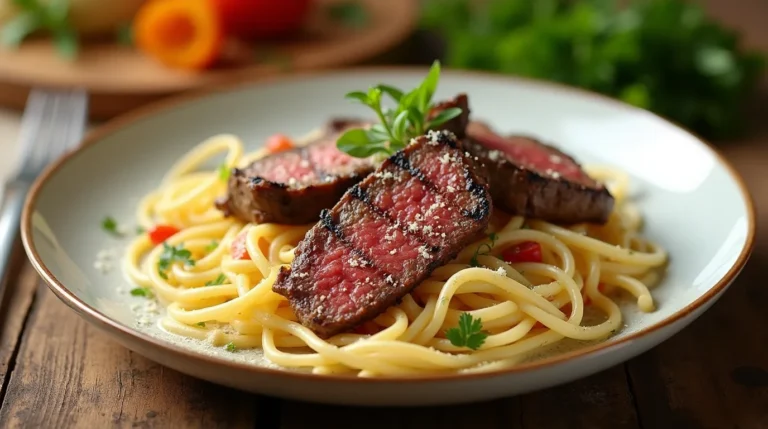 pasta and steak strips