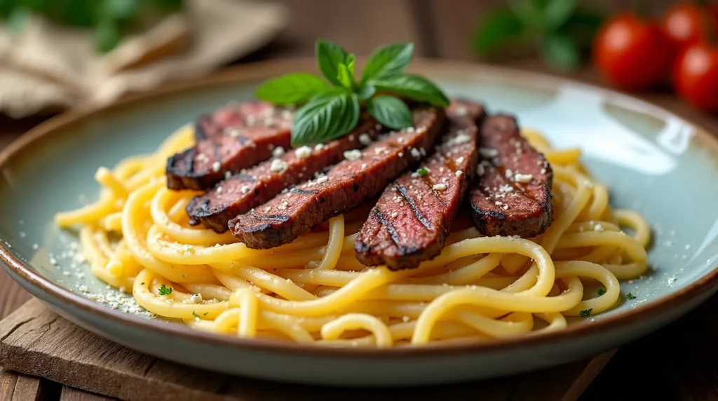 pasta and steak strips