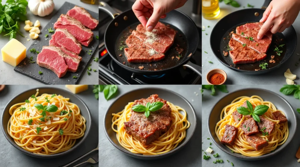 pasta and steak strips