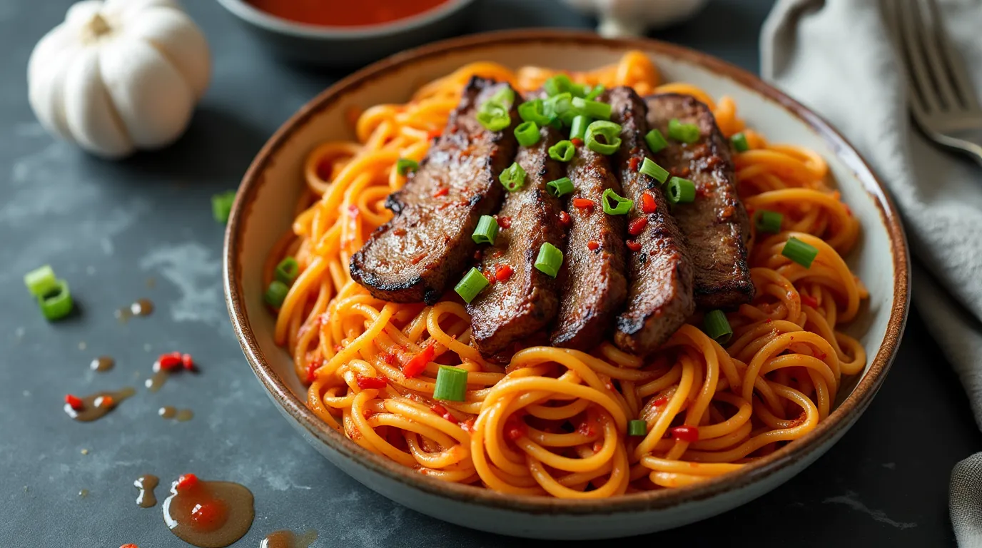 Sweet and Spicy Garlic Steak Pasta