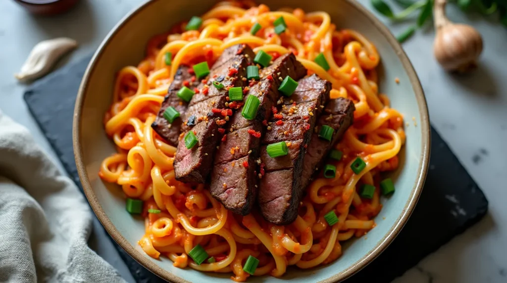 Sweet and Spicy Garlic Steak Pasta