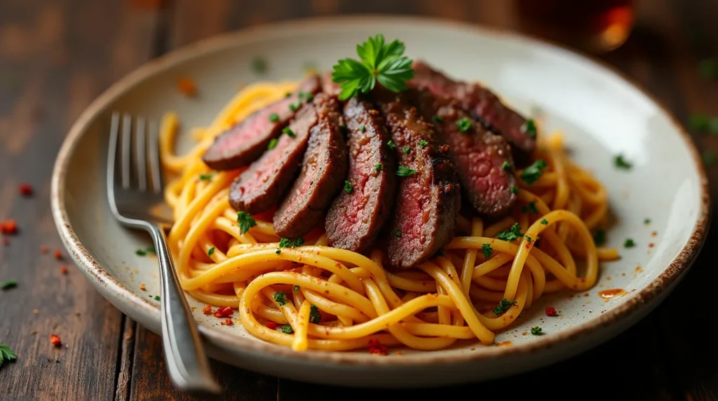 Sweet and Spicy Garlic Steak Pasta