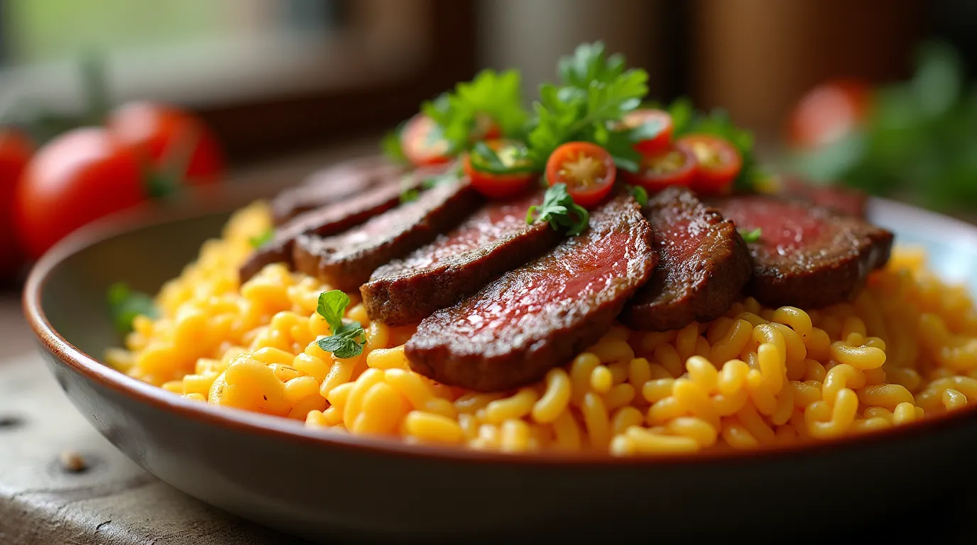 Creamy Queso Rice with Juicy Steak Strips