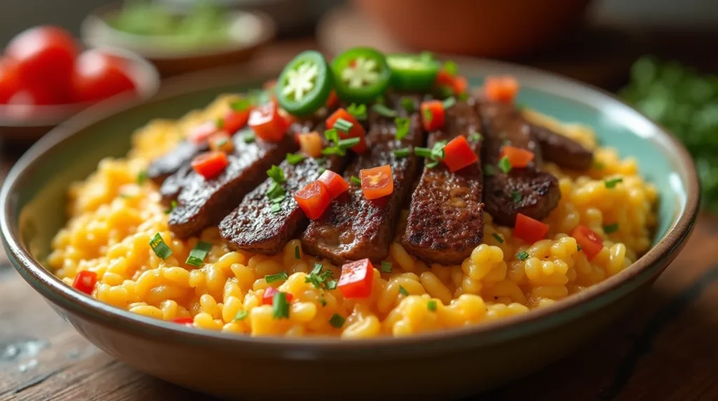 Creamy Queso Rice with Juicy Steak Strips