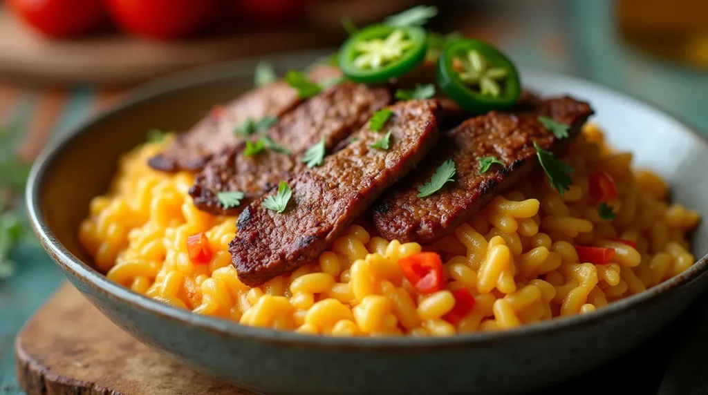 Creamy Queso Rice with Juicy Steak Strips